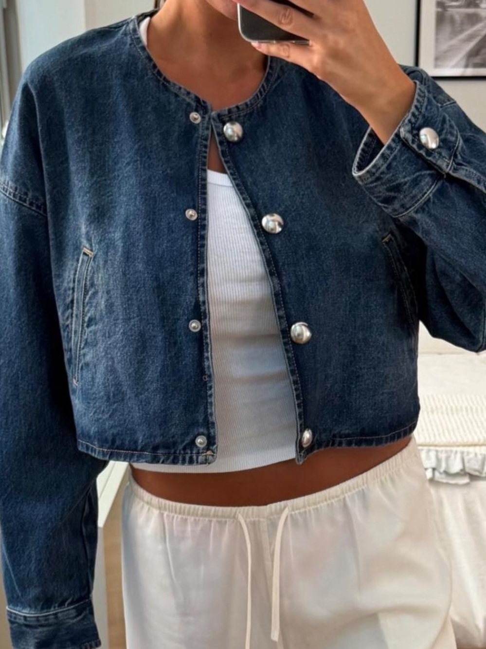 H&M Button-Front Cropped Jacket - Blue